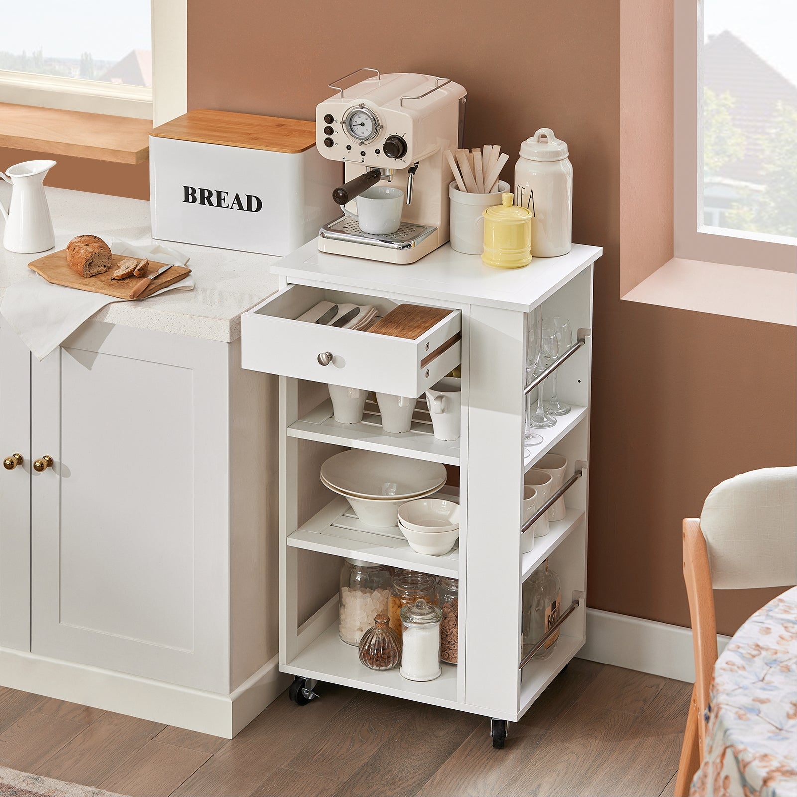 Mobiletto Cucina Salvaspazio Carrello Cucina Con Cassetti Credenza Soggiorno Moderno Con Ruote Mobile Dispensa L50*P37*A86 Cm FKW12-II-W SoBuy