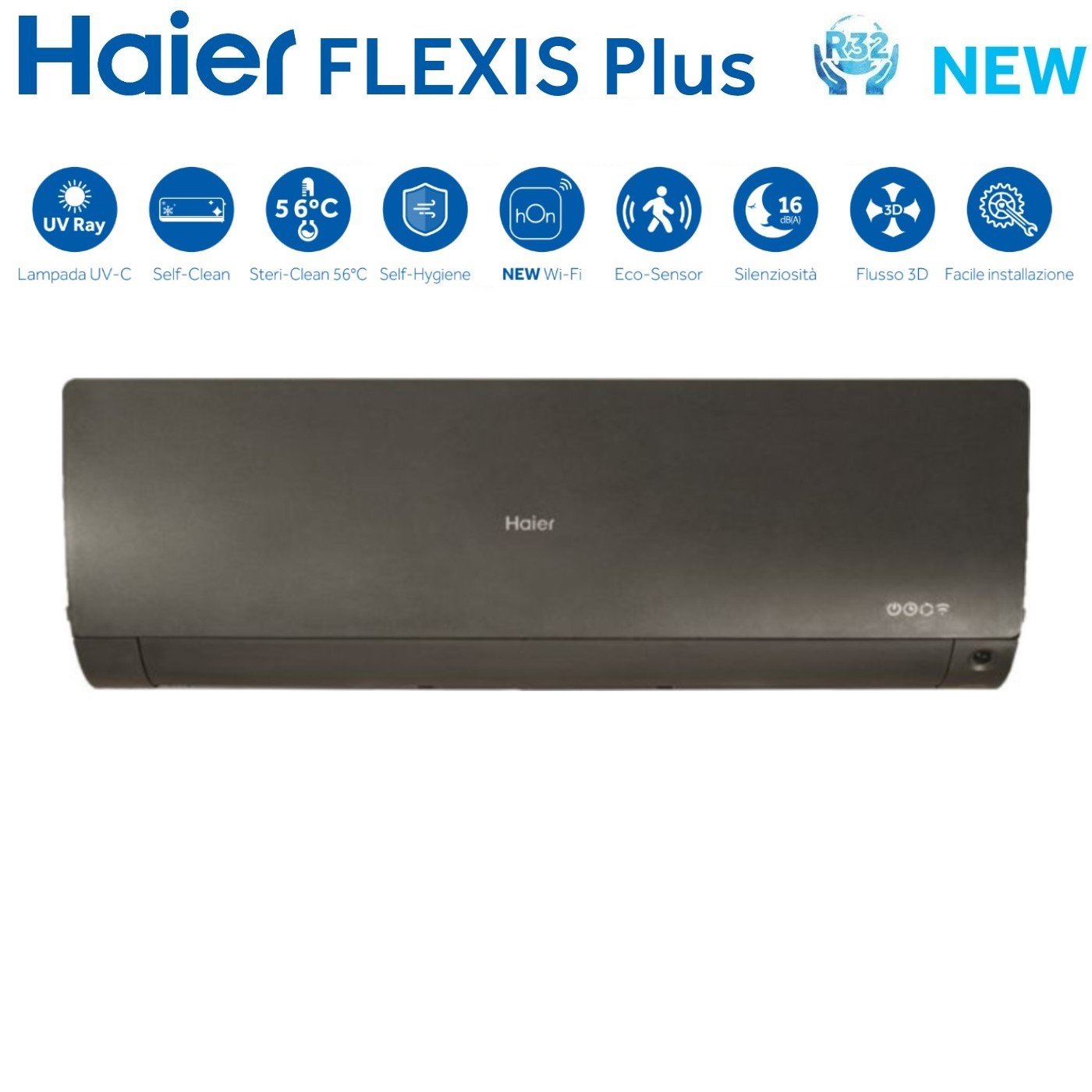 Climatizzatore Condizionatore Haier Quadri Split Inverter serie FLEXIS PLUS BLACK 7+12+12+12 con 4U75S2SR3FA R-32 Wi-Fi Integrato Colore Nero 7000+12000+12000+12000