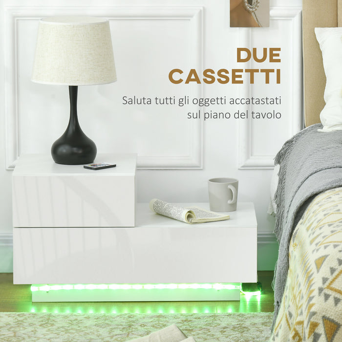 Comodino con 16 Luci LED RGB 70x37x38 cm 2 Cassetti con Telecomando in Truciolato Bianco