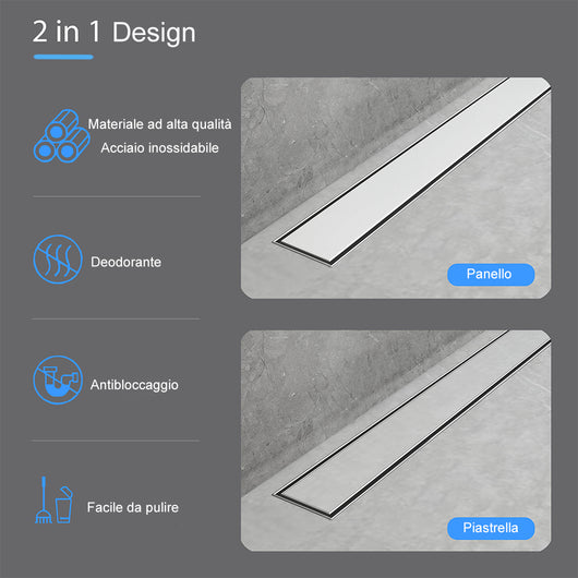 AICA ITALY Canalina doccia a pavimento 80cm con sifone giravole 360°e 2-in-1 scarico doccia Modello standard