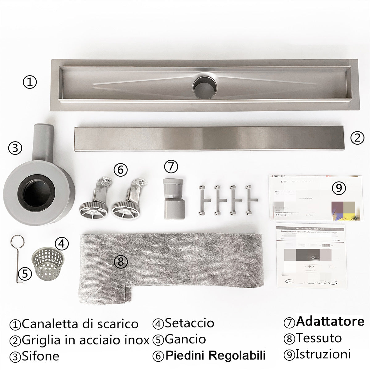 AICA ITALY Canalina doccia a pavimento 90cm con sifone giravole 360°e 2-in-1 scarico doccia Modello standard