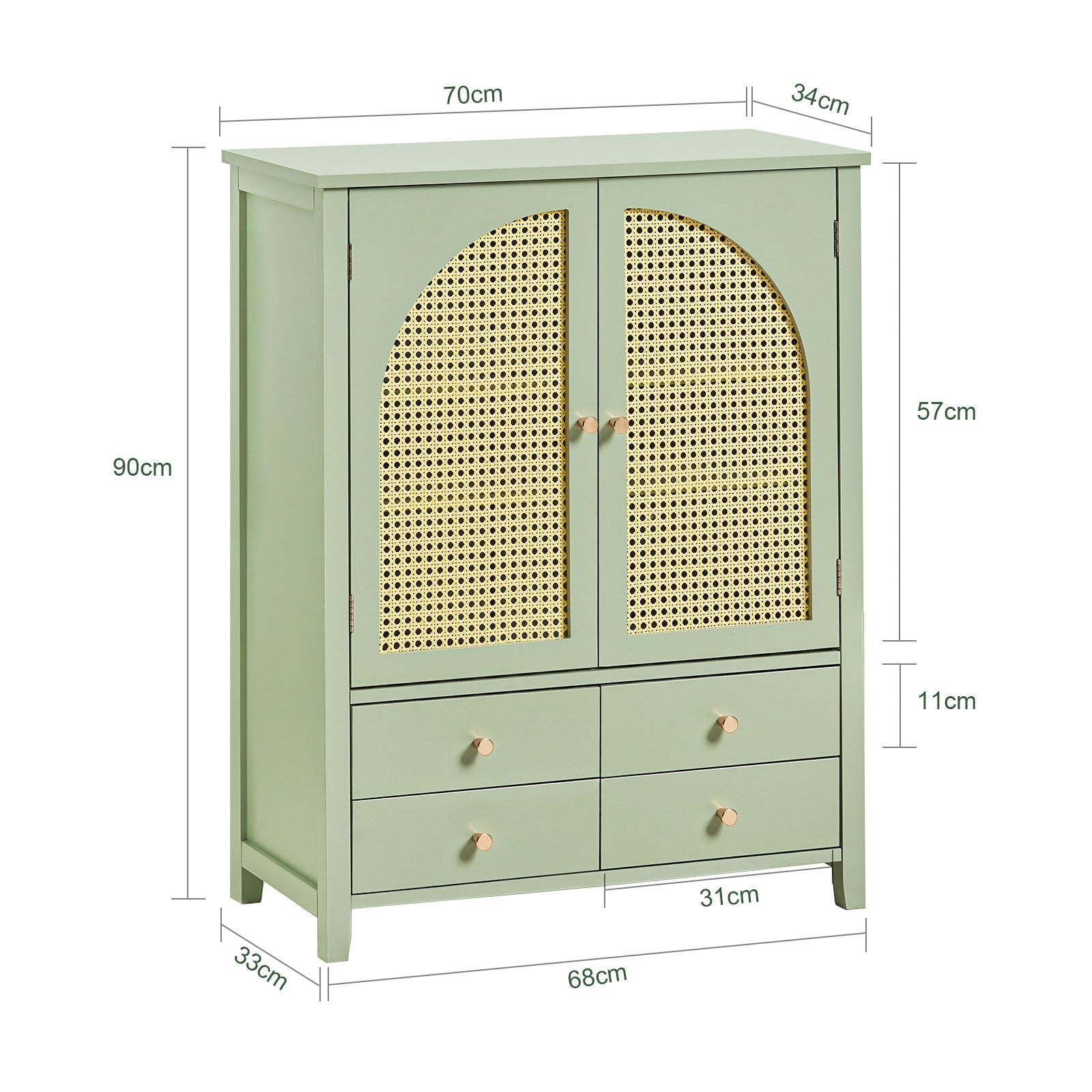 Scarpiera da ingresso, Mobile da cucina, Credenza con ante a traliccio, Mobiletto cassettiera, Verde, 70x34x90cm FSB72-GR SoBuy