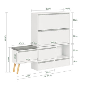 Scarpiera ribaltabile, Scarpiera con 2 ribalte, 2 ante e 2 cassetti, Armadio ingresso, Scarpiera con sedile, (92-124) x115x24cm, FSR134-W SoBuy