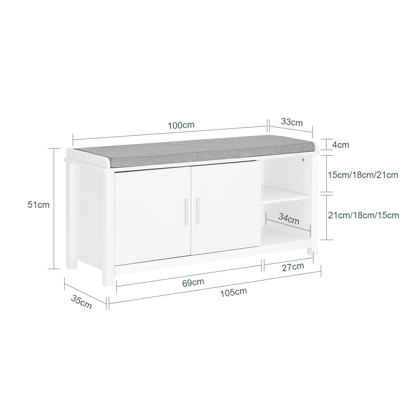 Panca scarpiera Cassapanca Portascarpe con 2 ante Bianco e Grigio 105x35x51cm FSR168-W