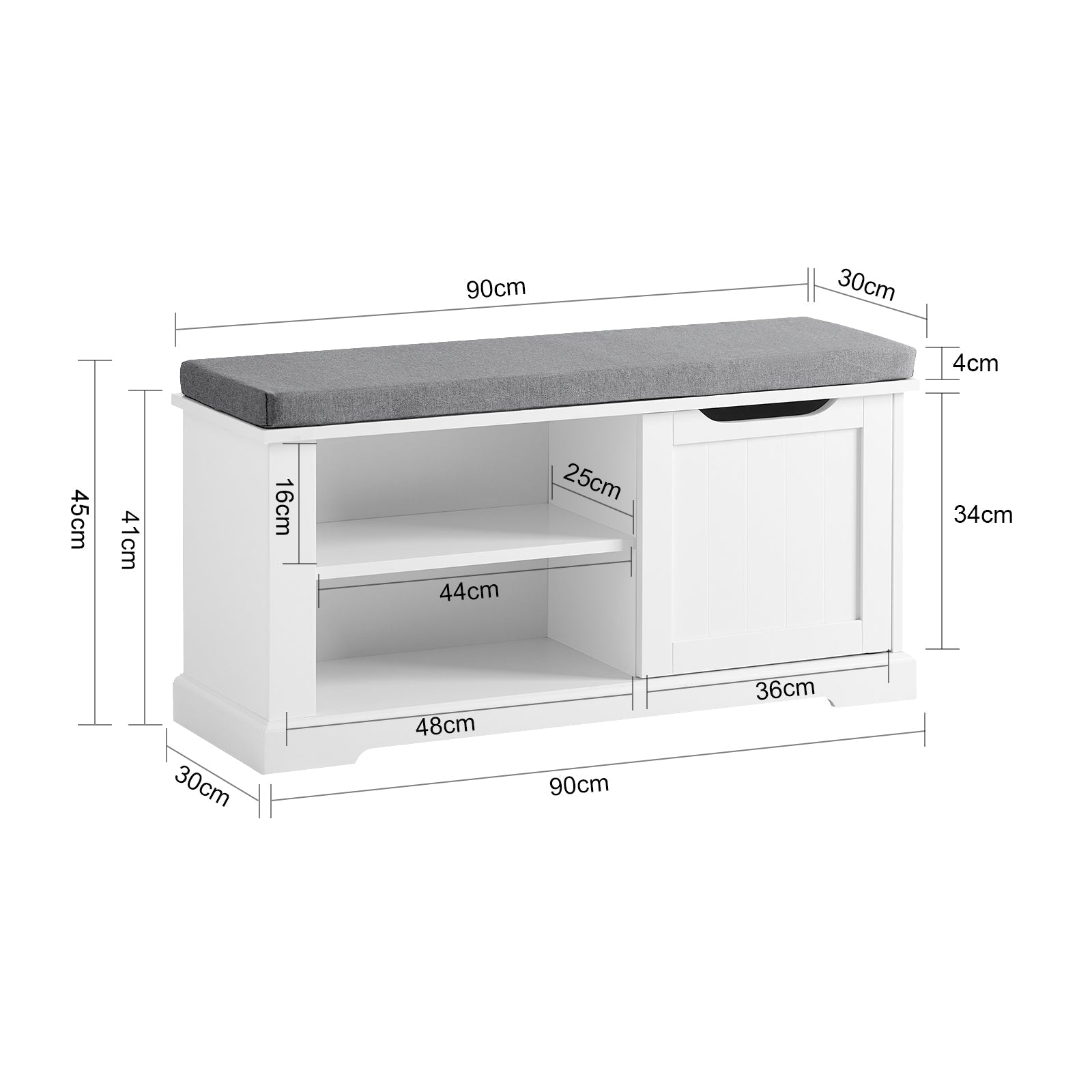 Scarpiera con 1 anta Cassapanca Panca con vano portaoggetti Panca ingresso Portascarpe con Cuscino 90x30x45cm, FSR84-W