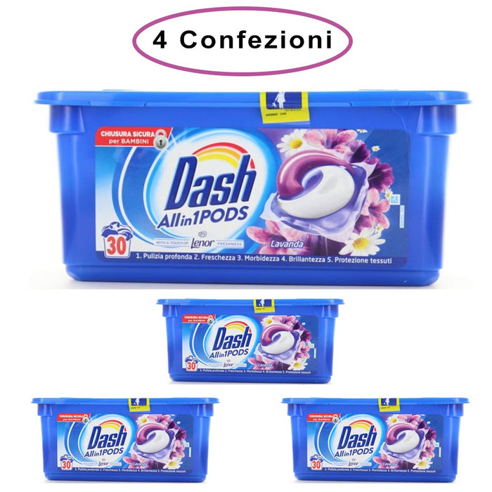 Dash allin1 pods detersivo per lavatrice in monodosi lavanda 4 confezioni da 30 capsule