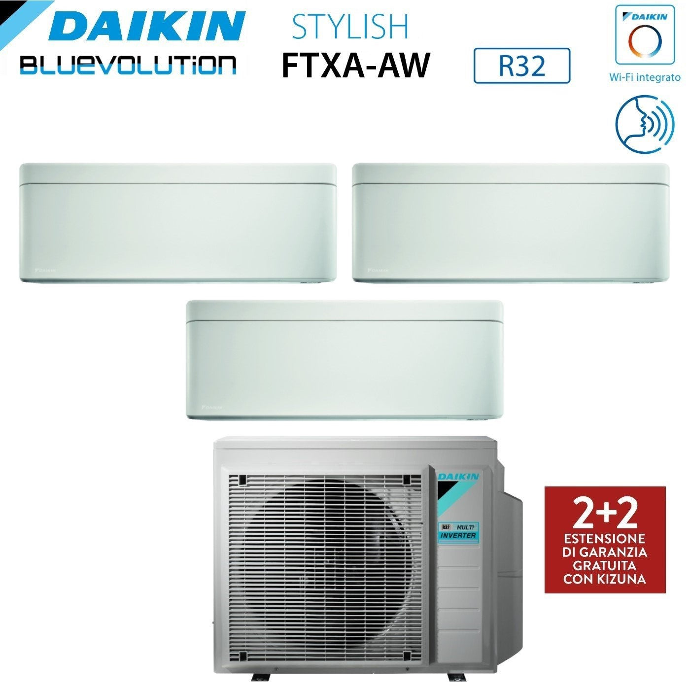 Climatizzatore Condizionatore Daikin Bluevolution Trial Split Inverter serie STYLISH WHITE 9+12+12 con 4MXM80A R-32 Wi-Fi Integrato 9000+12000+12000 Colore Bianco - Garanzia Italiana