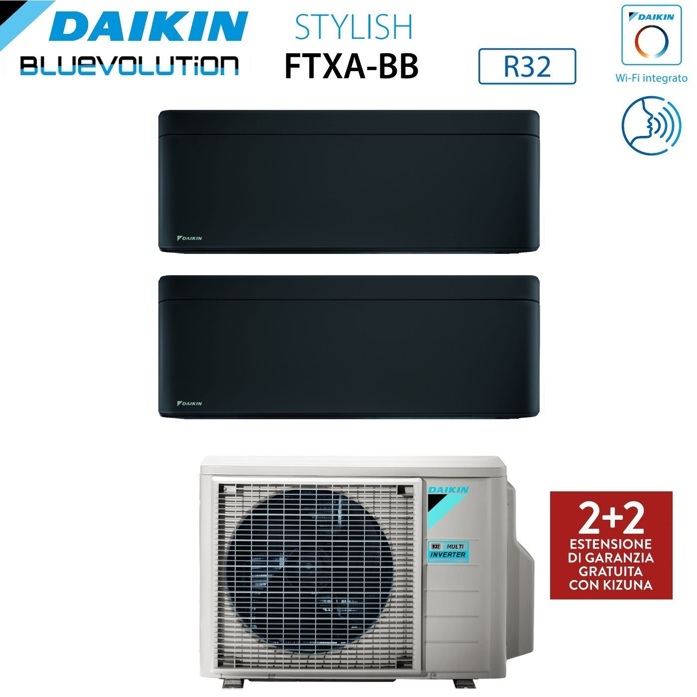 Climatizzatore Condizionatore Daikin Bluevolution Dual Split Inverter serie STYLISH TOTAL BLACKWOOD 7+12 con 2MXM40A R-32 Wi-Fi Integrato 7000+12000 Colore Nero Garanzia Italiana