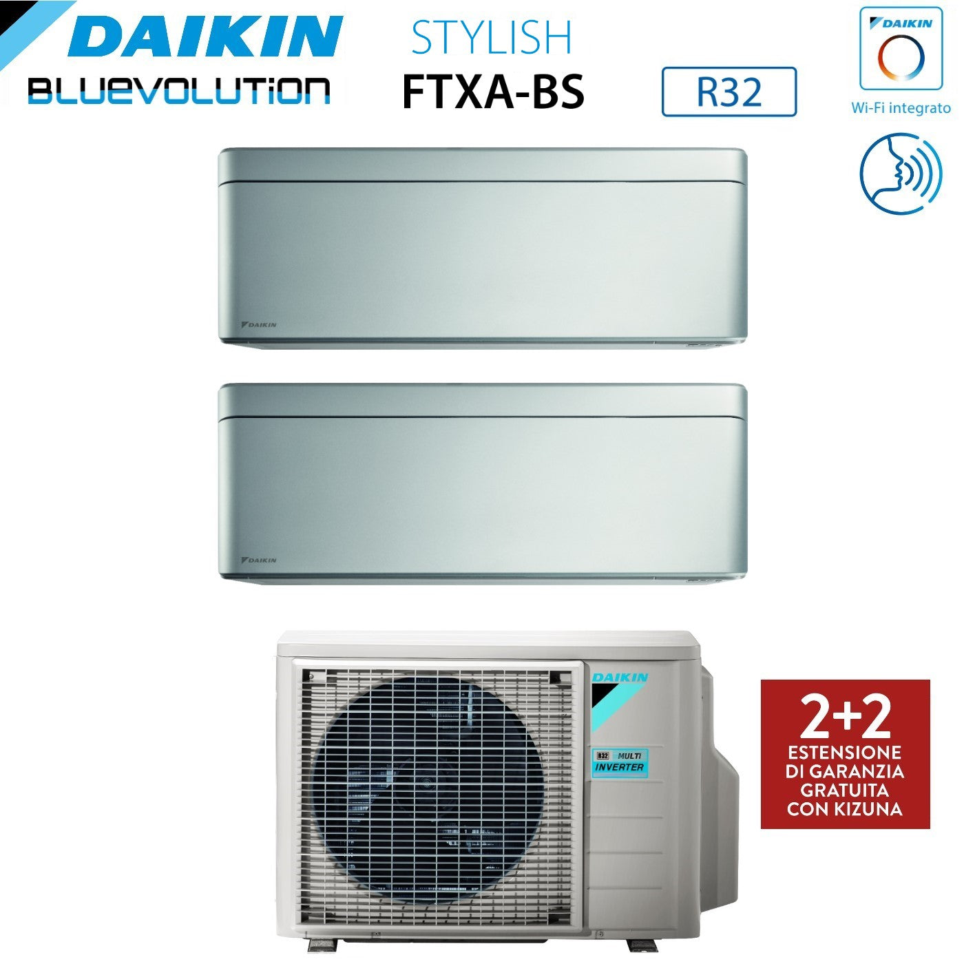 Climatizzatore Condizionatore Daikin Bluevolution Dual Split Inverter serie STYLISH TOTAL SILVER 12+12 con 2MXM68N R-32 Wi-Fi Integrato 12000+12000 Colore Grigio - Garanzia Italiana