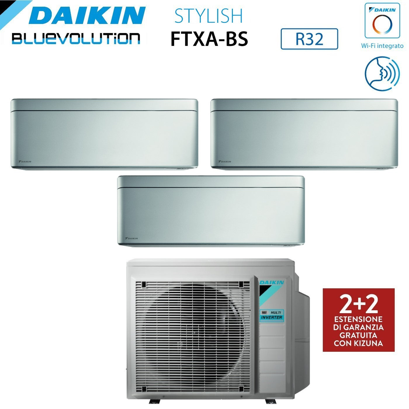 Climatizzatore Condizionatore Daikin Bluevolution Trial Split Inverter serie STYLISH TOTAL SILVER 7+12+12 con 3MXM68N R-32 Wi-Fi Integrato 7000+12000+12000 Colore Grigio - Garanzia Italiana