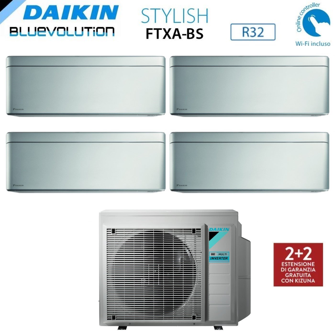 Climatizzatore Condizionatore Daikin Bluevolution Quadri Split Inverter serie STYLISH TOTAL SILVER FTXA-BS 9+12+12+12 con 4MXM80N R-32 Wi-Fi Integrato 9000+12000+12000+12000 colore GRIGIO Garanzia Italiana- Novità 2020