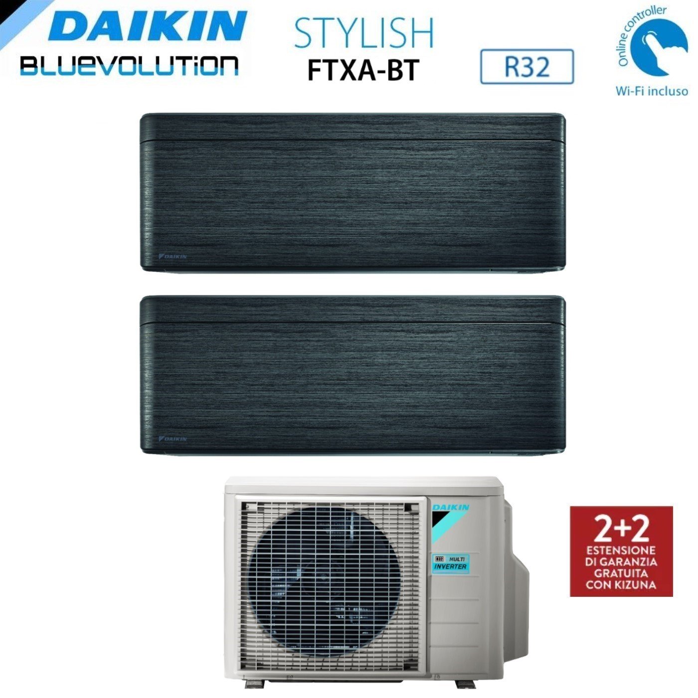 Climatizzatore Condizionatore Daikin Bluevolution Dual Split Inverter serie STYLISH REAL BLACKWOOD 12+18 con 4MXM80N R-32 Wi-Fi Integrato 12000+18000 Colore Legno Nero - Garanzia Italiana