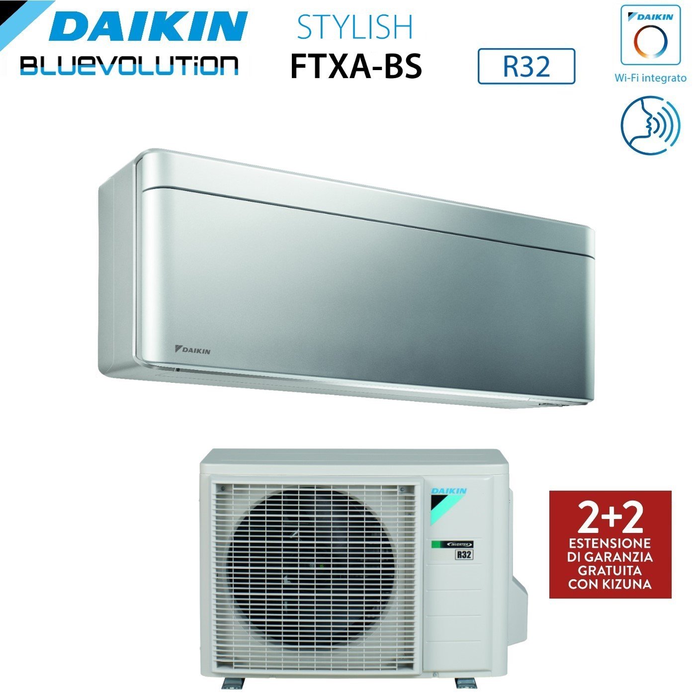 Climatizzatore Condizionatore Daikin Bluevolution Inverter serie STYLISH TOTAL SILVER 9000 Btu FTXA25BS R-32 Wi-Fi Integrato Classe A+++ Colore Grigio - Garanzia Italiana