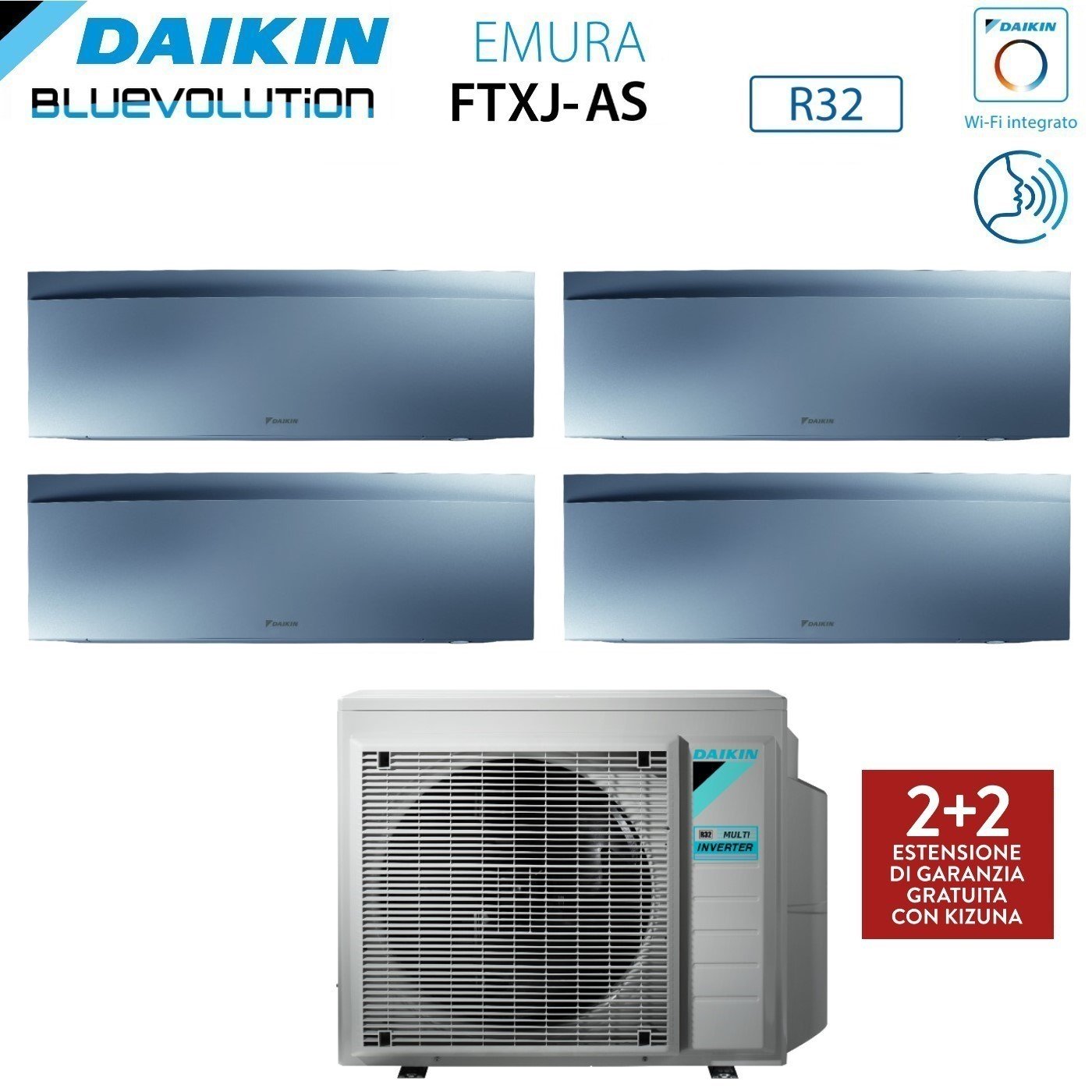 Climatizzatore Condizionatore Daikin Bluevolution Quadri Split Inverter serie EMURA SILVER III 7+7+15+15 con 4MXM80N R-32 Wi-Fi Integrato 7000+7000+15000+15000 Colore Argento  - Garanzia Italiana