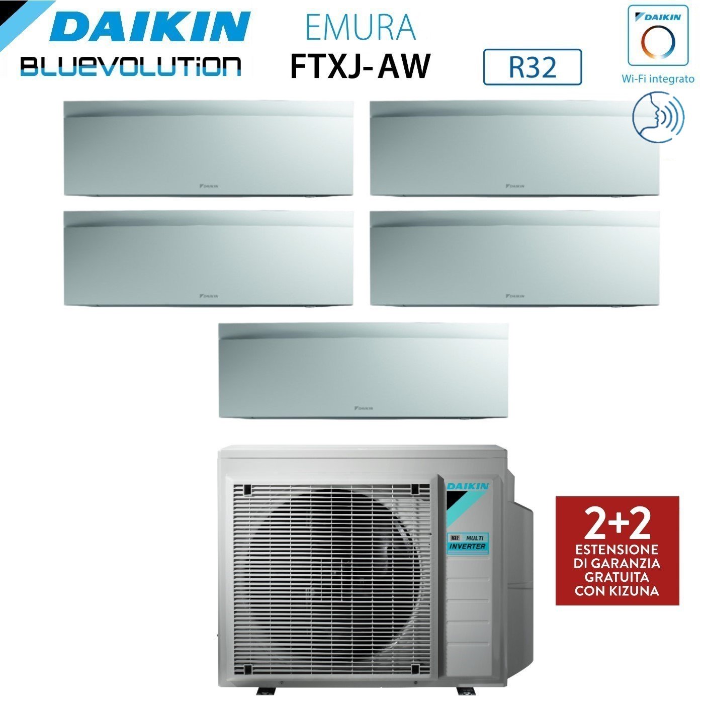 Climatizzatore Condizionatore Daikin Bluevolution Penta Split Inverter serie EMURA WHITE III 9+9+9+9+12 con 5MXM90N R-32 Wi-Fi Integrato 9000+9000+9000+9000+12000 Colore Bianco - Garanzia Italiana