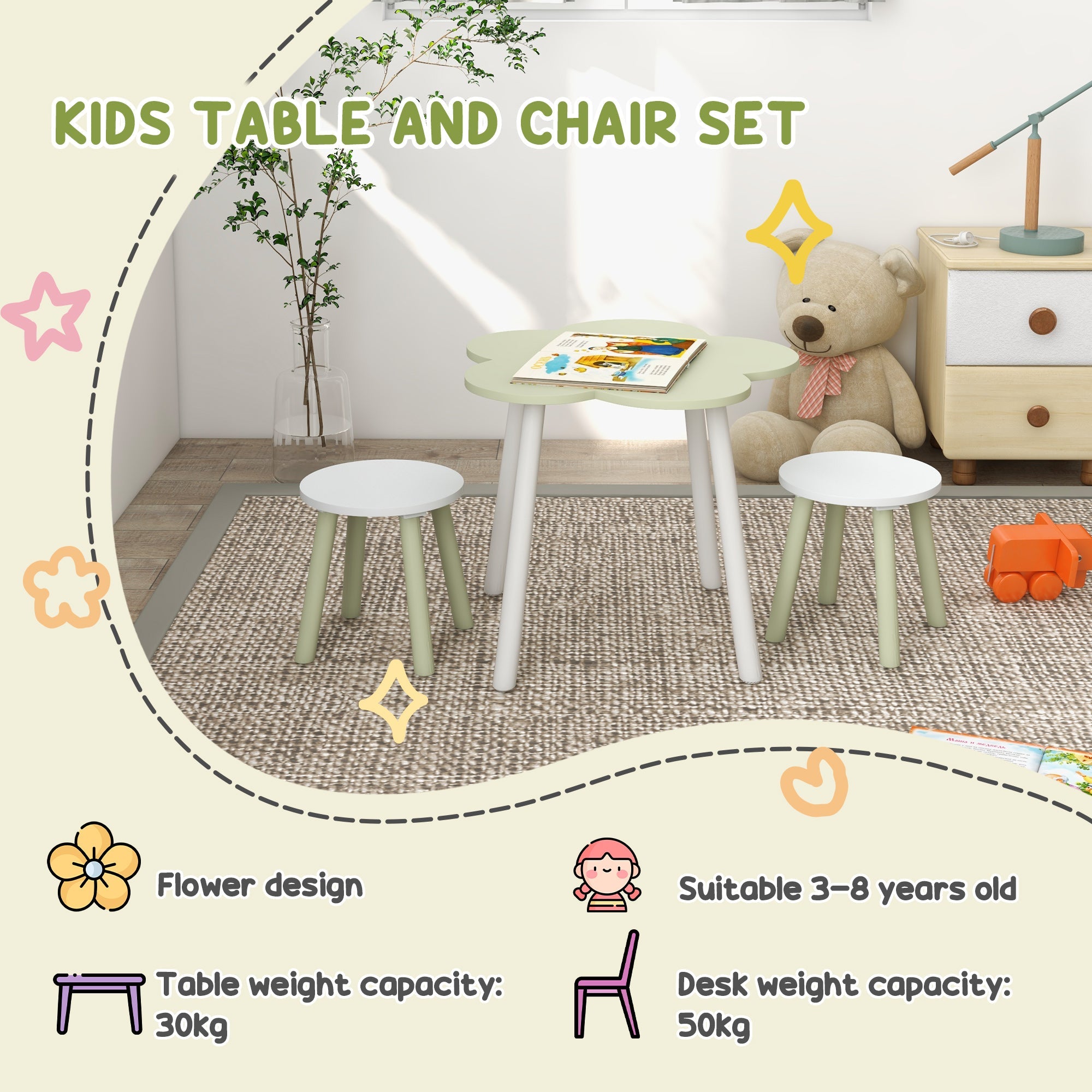 Set Tavolino e 2 Sedie per Bambini con Design a Fiori  in MDF e Legno di Pino Giallo e Bianco