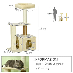 Albero Tiragraffi 60x40x108 cm con Paletto e Posatoio Beige