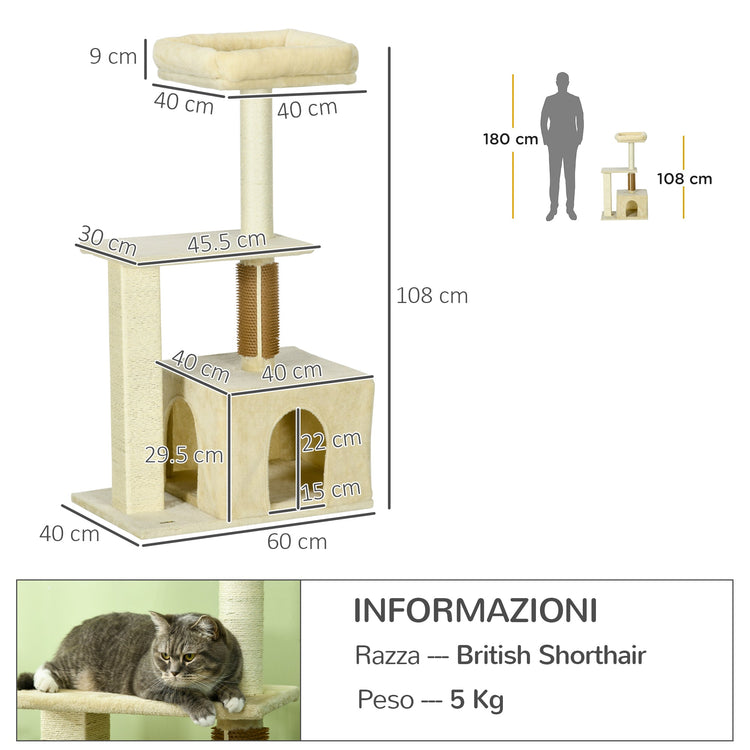 Albero Tiragraffi 60x40x108 cm con Paletto e Posatoio Beige