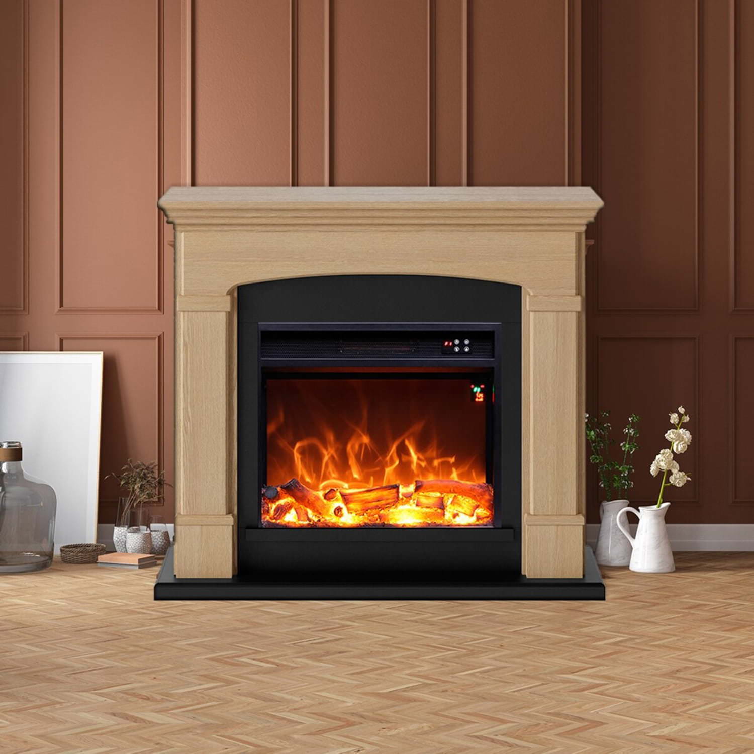 Caminetto Fuego Monica Rovere 1500w a Parete Con Cornice Telecomando e Bruciatore 1500w Rovere