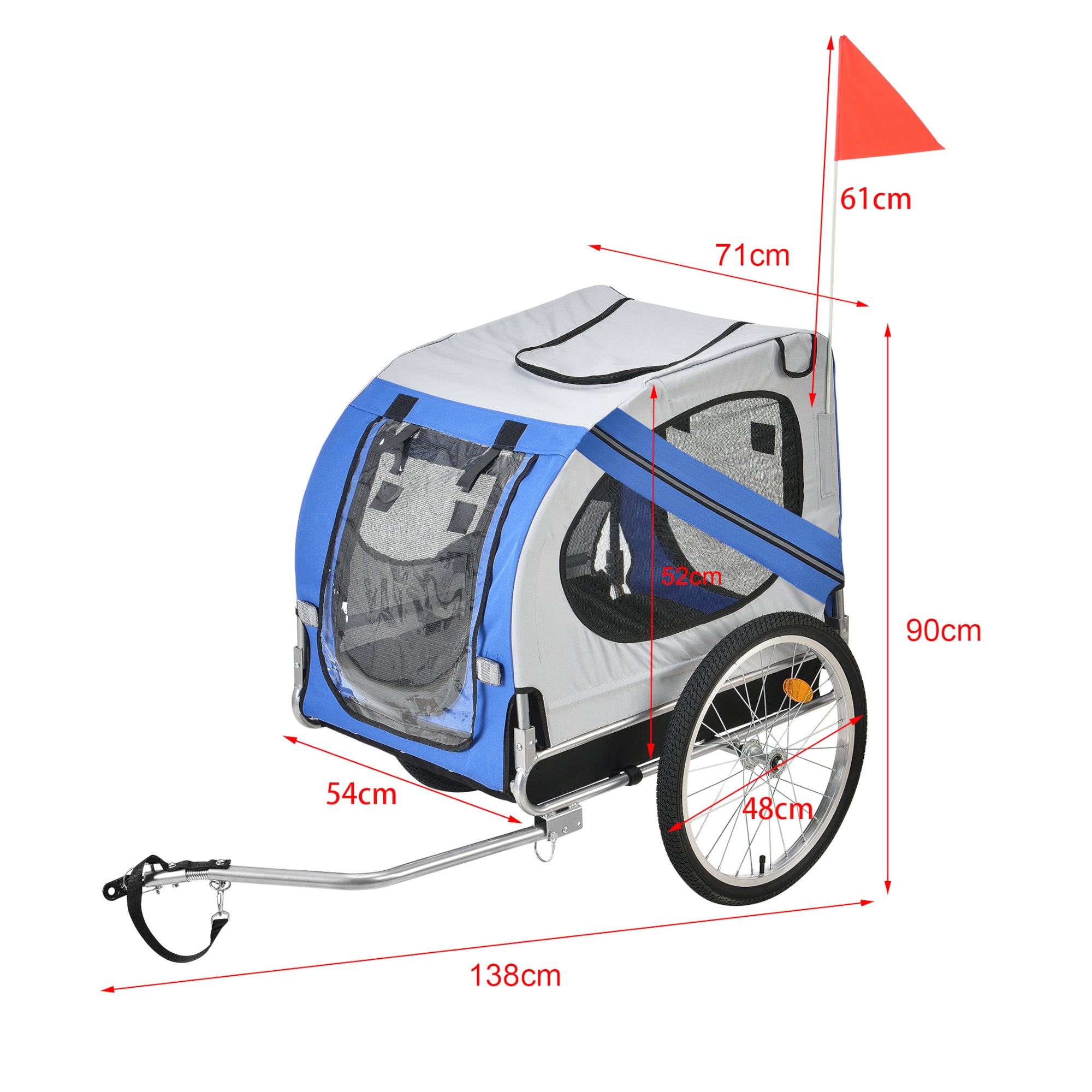 Rimorchio per Bicicletta per Trasporto Cani 138 x 71 x 90 cm Carrello per Trasporto Animali Domestici Carico Max.26 kg -