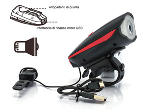 Fanale Bici Anteriore Con Clacson Luci Led Ricaricabile Con USB 1200mAh 3 Modalita Impermeabile