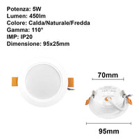 Faretto LED da Incasso 5W 450lm 3 Colori CCT 3000K/4200K/6500K Angolo 110° IP20 Alta Qualità CRI