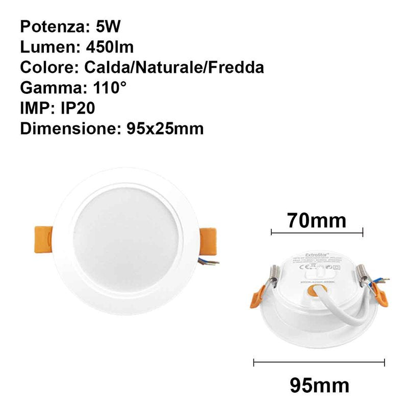 Faretto LED da Incasso 5W 450lm 3 Colori CCT 3000K/4200K/6500K Angolo 110° IP20 Alta Qualità CRI