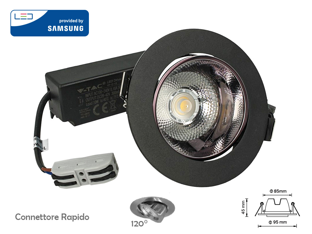 Faretto Led COB da Incasso 10W 3000K Rotondo Riflettore Orientabile Carcassa Nera Chip Samsung SKU-2120051