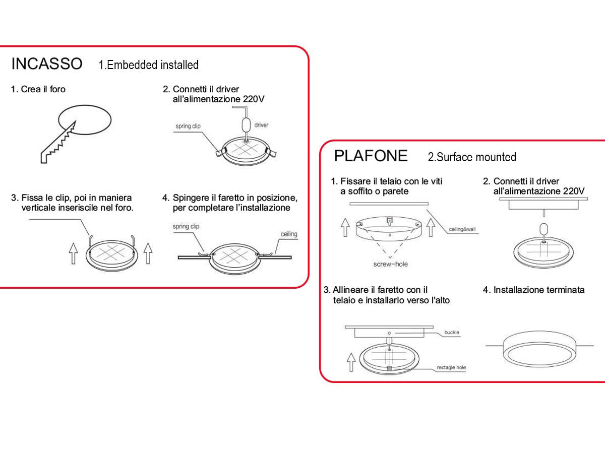 Faretto Led Da Incasso Quadrato 24W 2400LM Caldo 3000K 225X225mm Montaggio 2 In 1 Da Plafone e Da Incasso