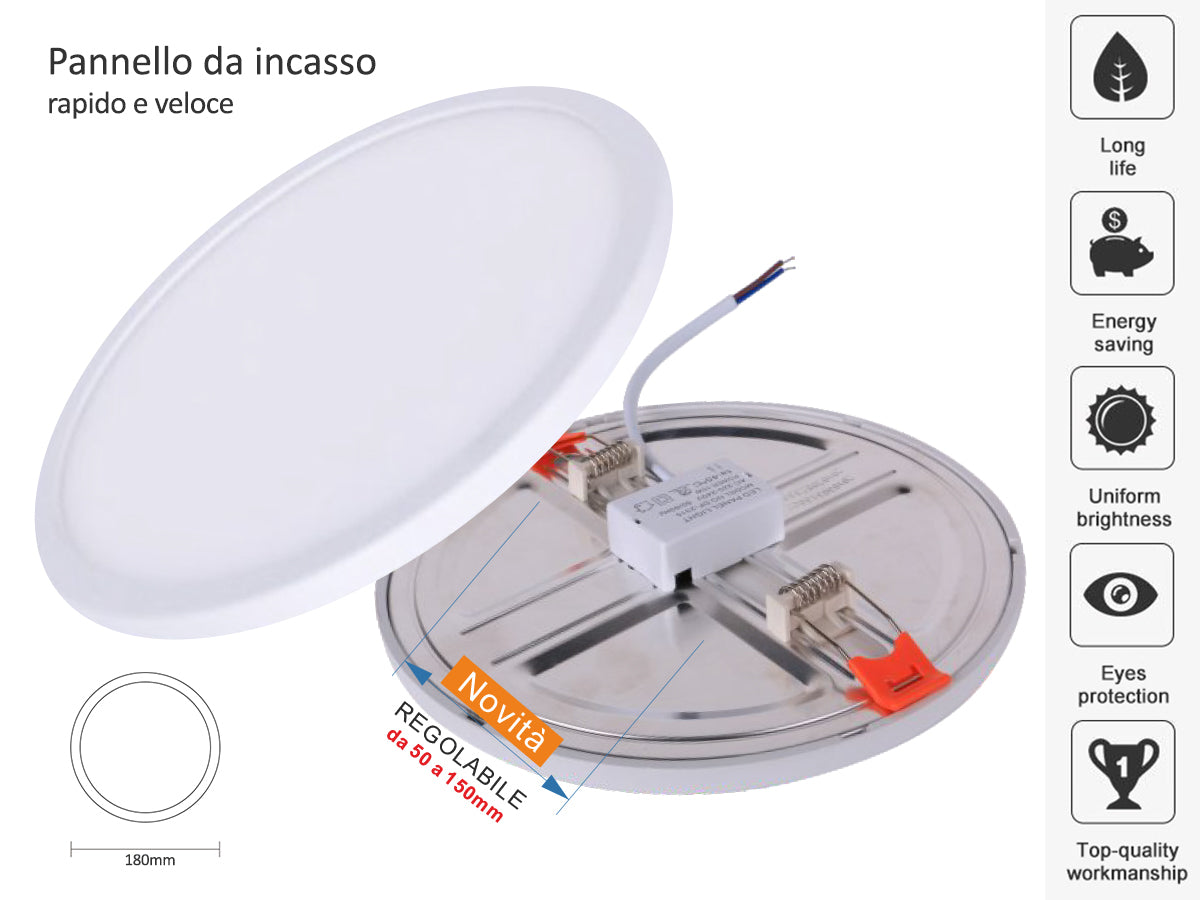 Faretto Pannello Led Da Incasso Rotondo 15W Bianco Neutro Diametro 180mm Foro Adattabile Da 50mm a 150mm