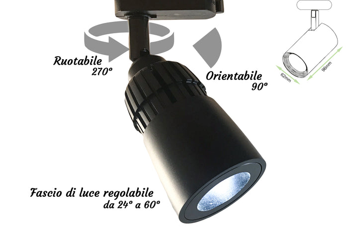 Faro Lampada Led A Binario 10W Bianco Neutro Angolo Luce Regolabile Da 24 a 60 Gradi Corpo Carcassa Nero