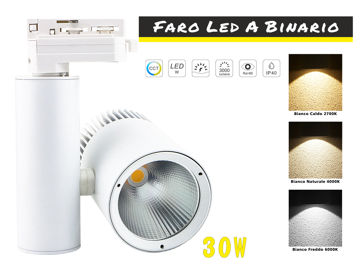 Faro Lampada Led A Binario 30W Mono Fase CCT CRI 90 Carcassa Bianca 2700K 4000K 6000K 3 In 1 Luce Stretta 24 Gradi