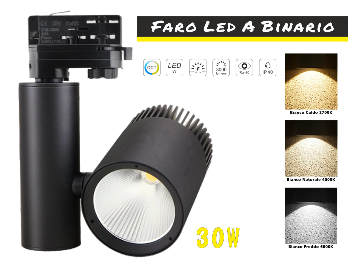 Faro Lampada Led A Binario 30W Trifase CCT CRI 90 Carcassa Nera 2700K 4000K 6000K 3 In 1 Luce Stretta 24 Gradi