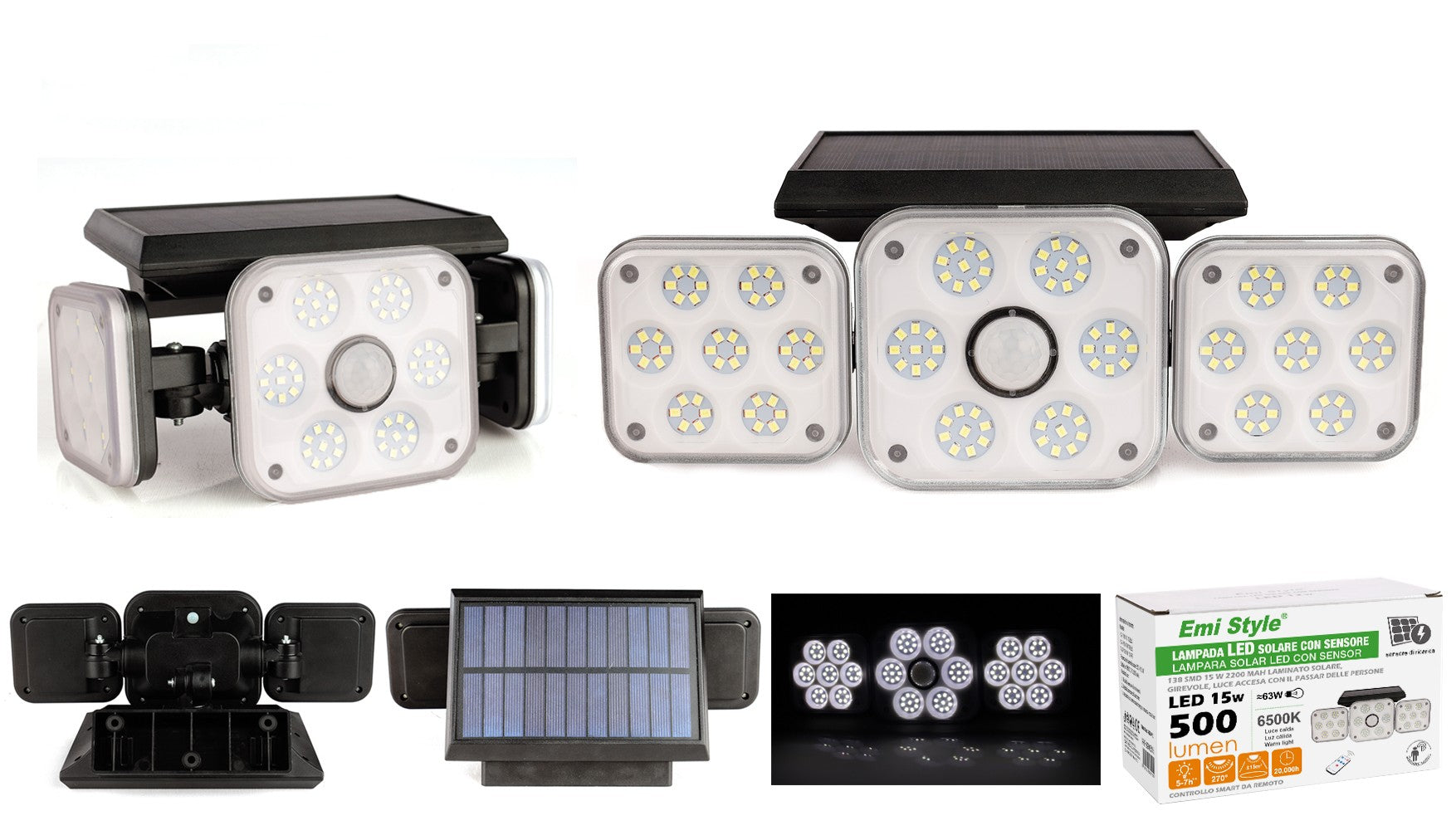 Faro Led Con Pannello Solare e Sensore Movimento 15W 500lm 6500K 3 Teste Telecomando IP65