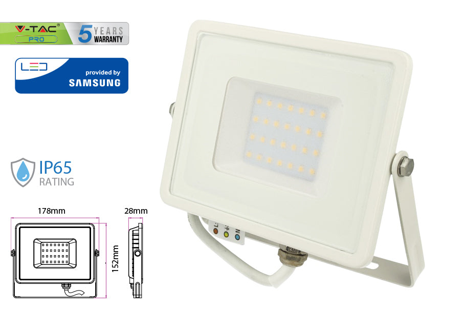 Faro Led Flood Light 30W IP65 Bianco Naturale Super Slim Carcassa Bianca Chip Samsung Garanzia 5 Anni SKU-404