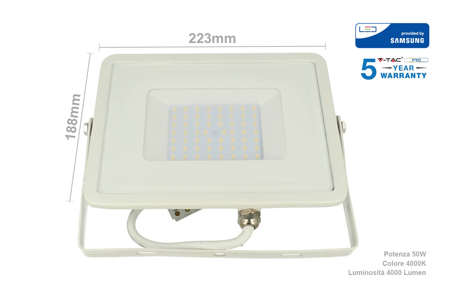 Faro Led Flood Light 50W IP65 Bianco Freddo Super Slim 28mm Carcassa Bianca Samsung Garanzia 5 Anni SKU-411