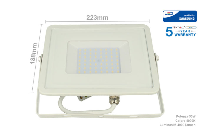 Faro Led Flood Light 50W IP65 Bianco Neutro Super Slim 28mm Carcassa Bianca Samsung Garanzia 5 Anni SKU-21410