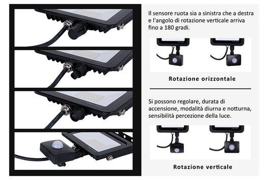 Faro Led Flood Light Slim 20W IP65 Bianco Neutro Carcassa Nera Sensore PIR Opzionale CL1918