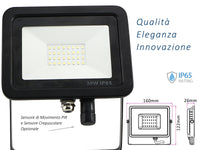 Faro Led Flood Light Slim 30W IP65 Bianco Neutro Carcassa Nera Sensore PIR Opzionale CL1918