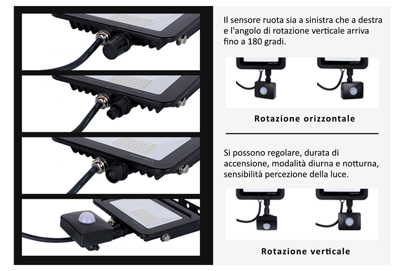 Faro Led Flood Light Slim 30W IP65 Bianco Neutro Carcassa Nera Sensore PIR Opzionale CL1918