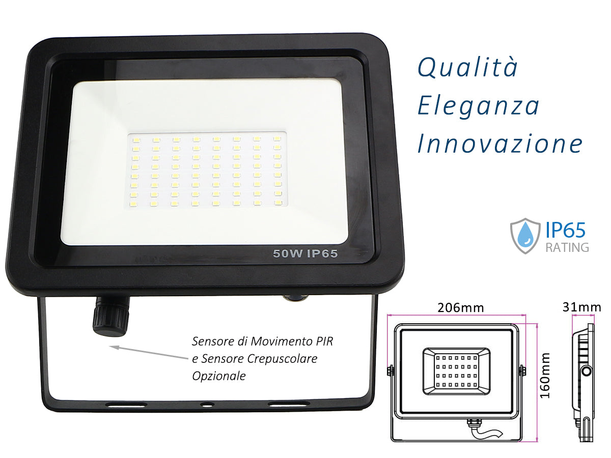 Faro Led Flood Light Slim 50W IP65 Bianco Neutro Carcassa Nera Sensore PIR Opzionale CL1918