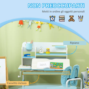 Banco Studio Scuola per Bambini 80x52x88-109 cm in MDF e Acciaio Azzurro