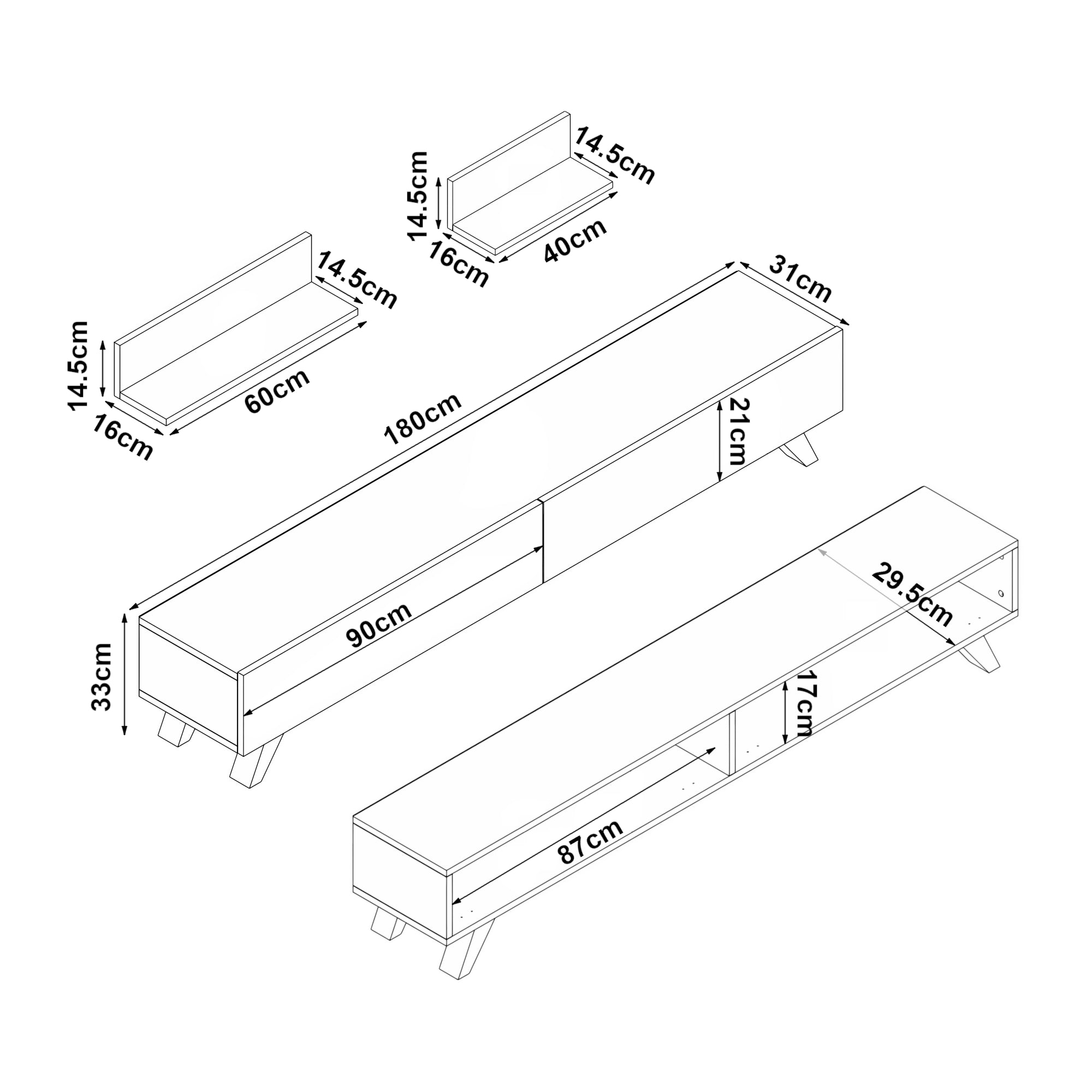 Set di Mobile TV e 2 Mensole da Muro Armadietto Porta TV 180 cm con 2 Ante a Ribalta e Mensole a Forma di L Lunghezze