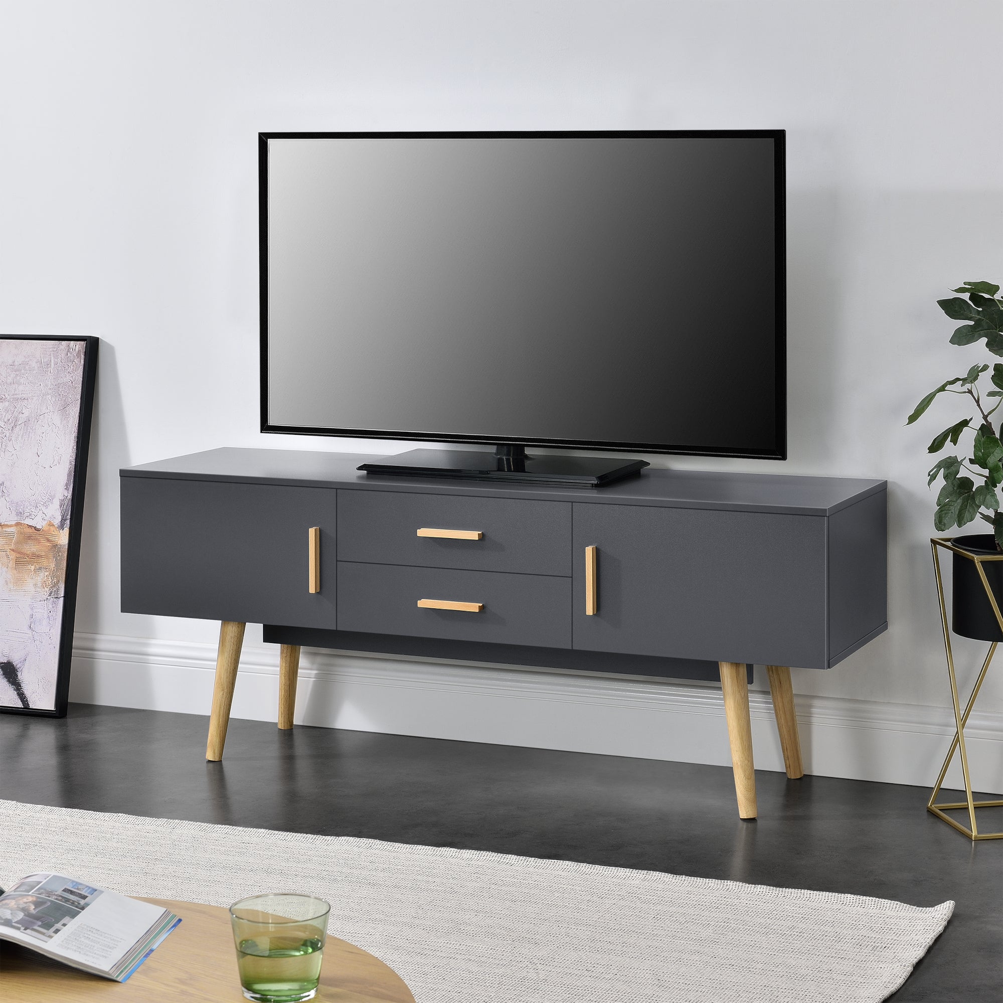 Mobile Porta TV con 2 Armadi e 2 Cassetti 140 x 40 x 56 cm Supporto TV con Passaggio Cavi Tavolino Consolle - Grigio