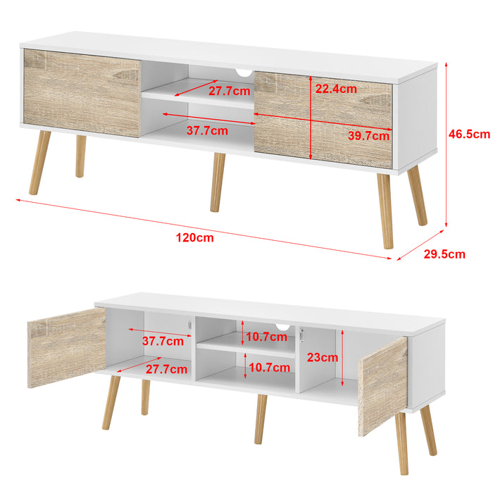 Mobile Porta TV con 2 Armadietti e 2 Scomparti Aperti 120 x 29,5 x 46,5 cm Supporto TV con Passaggio Cavi Tavolino