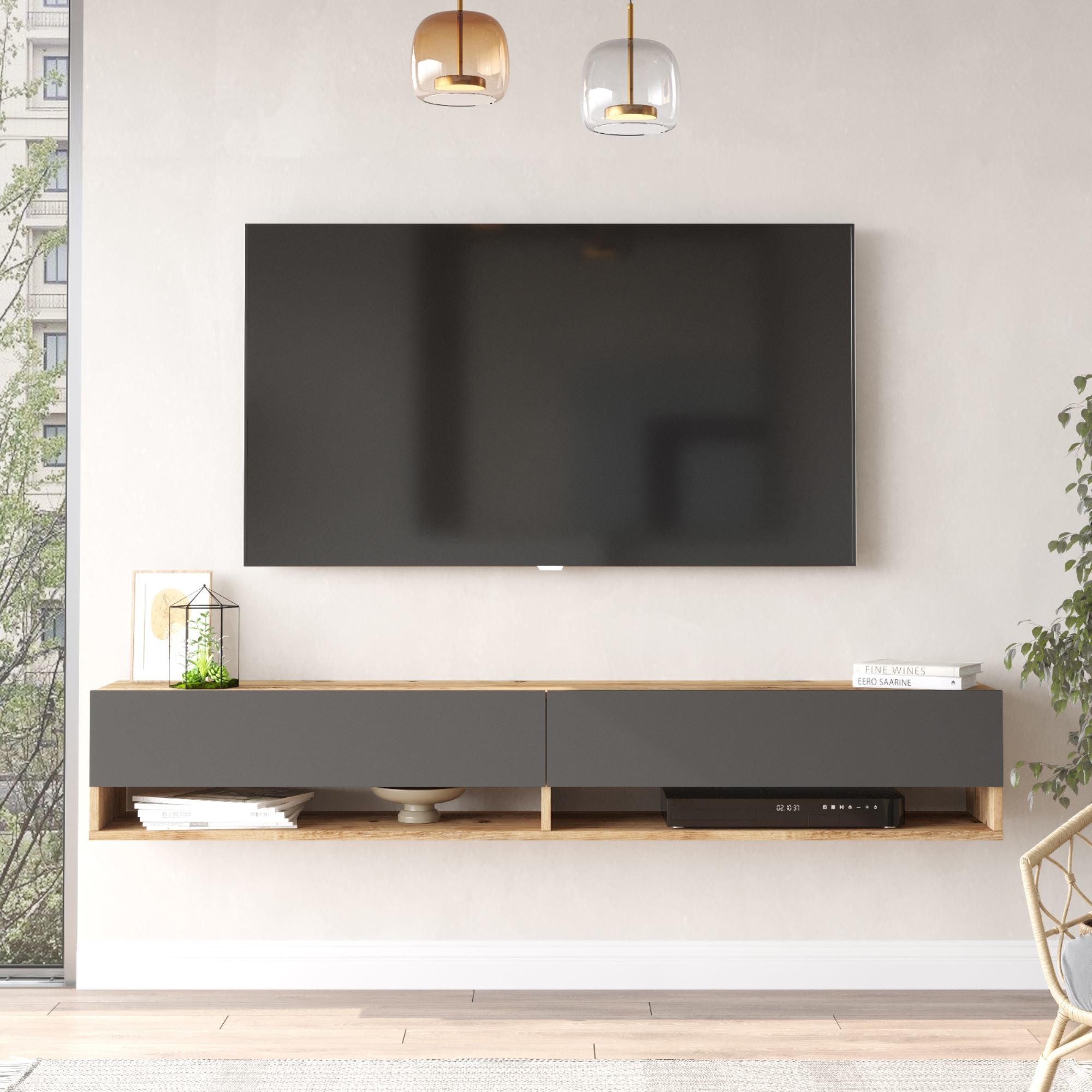 Consolle da Parete 'Laitila' con 2 Ante e Scomparti Mobile Pensile Porta TV 180 cm - Rovere Rustico/Antracite [en.casa]