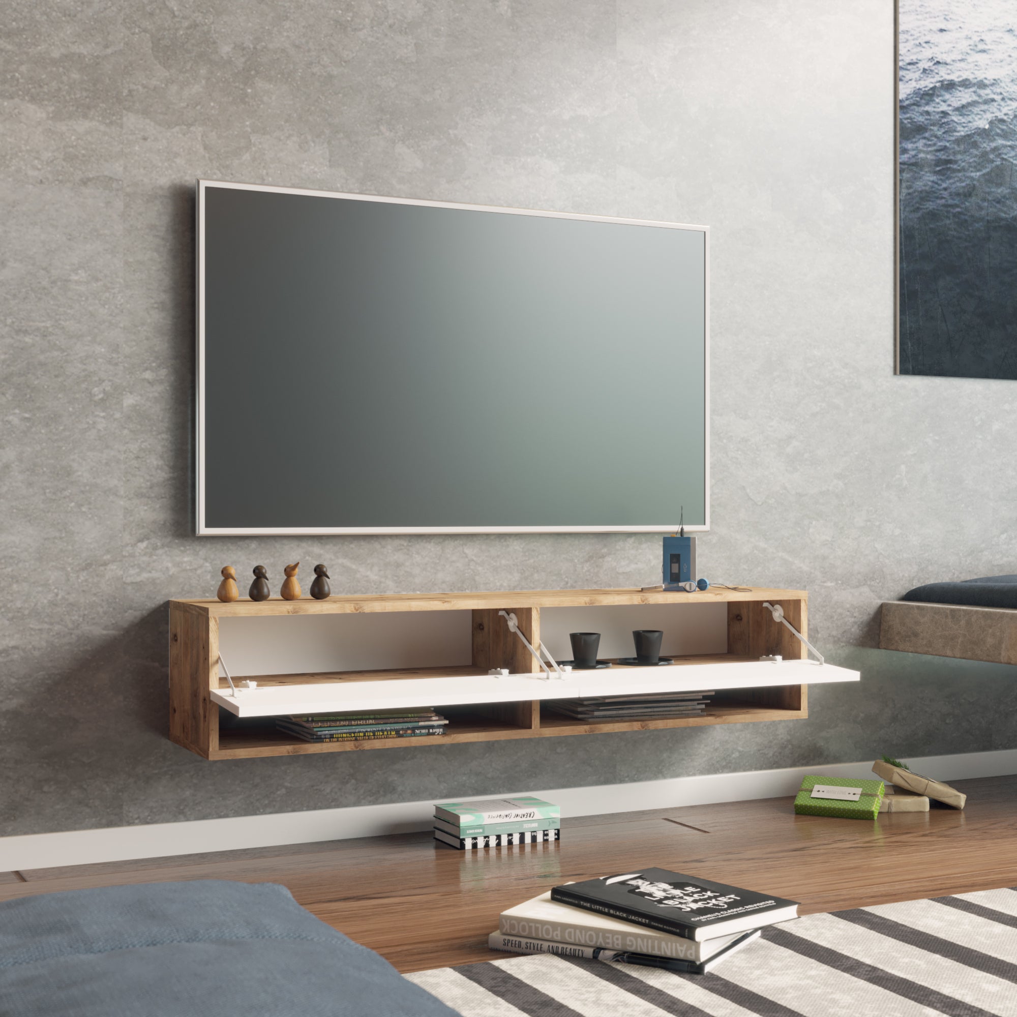 Consolle da Parete 'Laitila' con 2 Ante e Scomparti Mobile Pensile Porta TV 140 cm - Rovere Rustico/Bianco [en.casa]