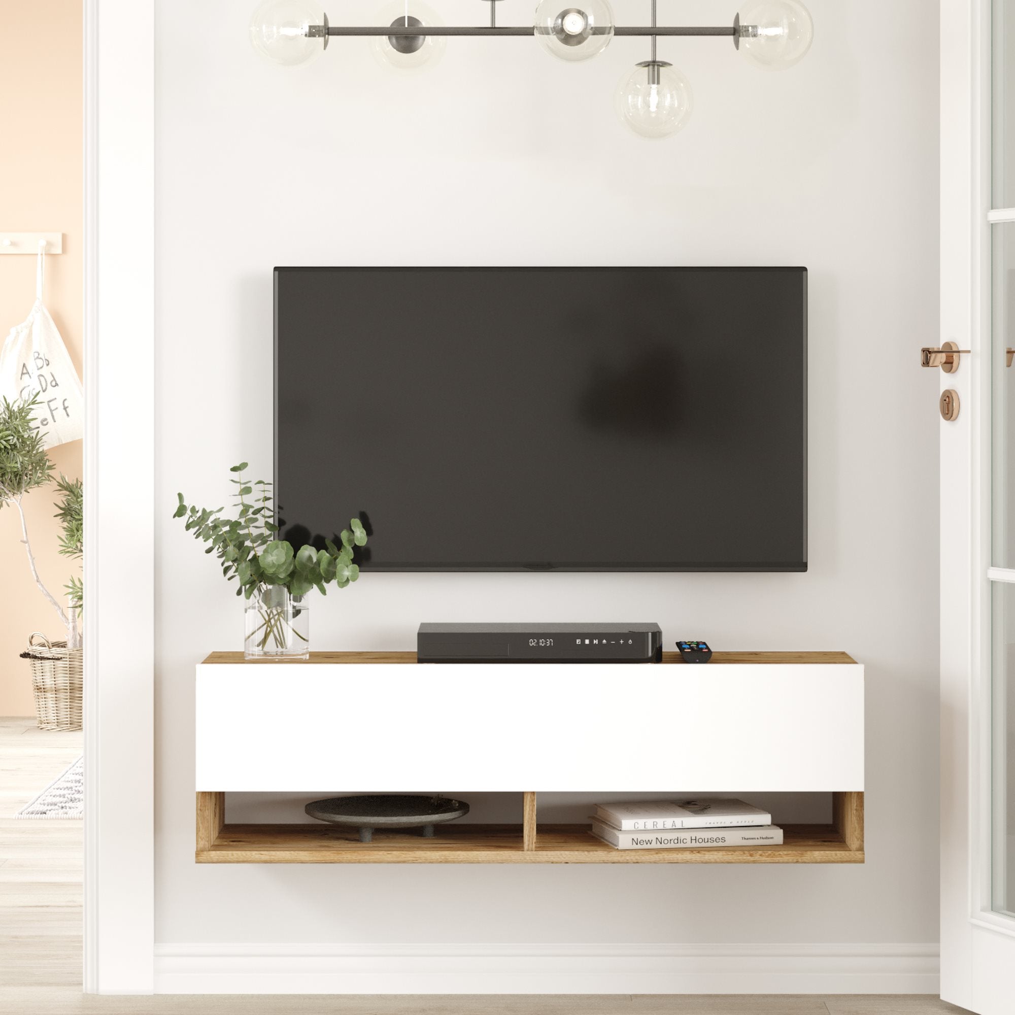 Consolle da Parete 'Laitila' con Anta e Scomparti Mobile Pensile Porta TV 100 cm - Rovere Rustico/Bianco [en.casa]