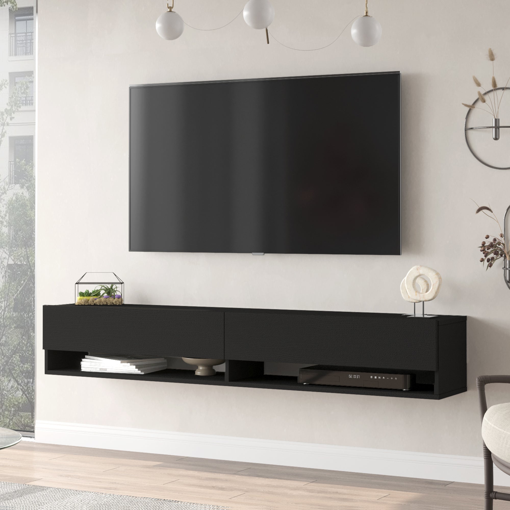 Consolle da Parete 'Laitila' con 2 Ante e Scomparti Mobile Pensile Porta TV 180 cm - Nero [en.casa]