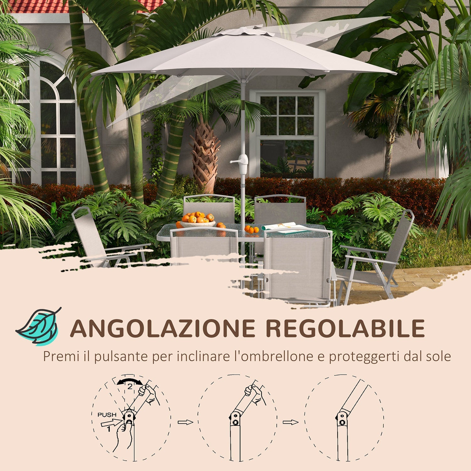 Set Tavolo con Top in Vetro 6 Sedie Pieghevoli e Ombrellone a Manovella da Giardino in Metallo e Rete Grigio